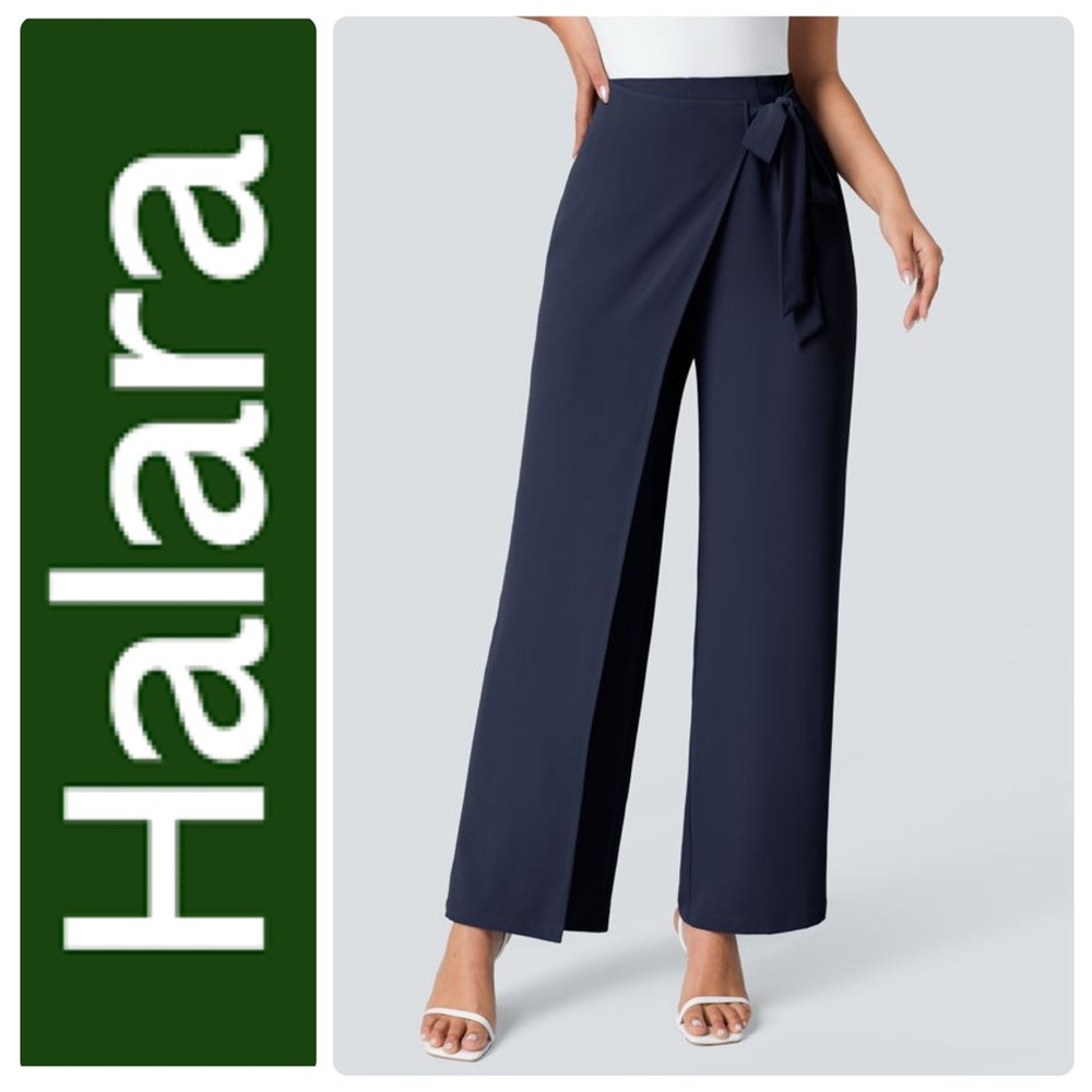 HALARA Blue High Waisted Tie Side Invisible Zipper Wide Leg Work Pants